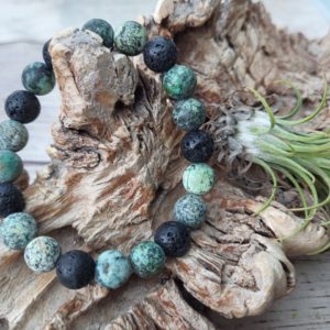 Armband Afrikaanse Turkoois(Groene Jaspis) met Lava steen 10 mm