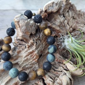 Armband Tijgeroog en Kambaba Jaspis frosted met Lava steen 10 mm