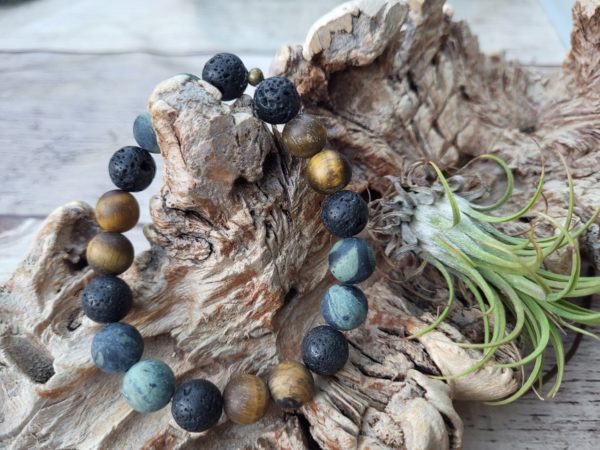 Armband Tijgeroog en Kambaba Jaspis frosted met Lava steen 10 mm